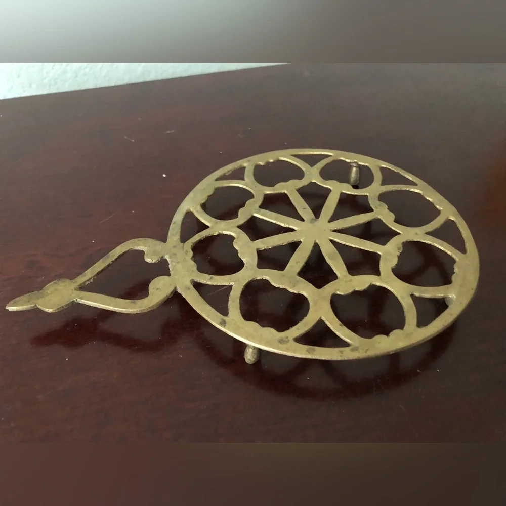 VTG India Brass Geometric Floral Trivet with Teardrop Finial